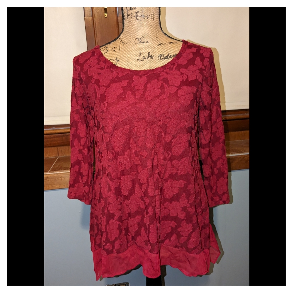 Simply Vera Vera Wang Womens Tunic Shirt Red Size XS 3/4 Sleeve Lace Chiffon